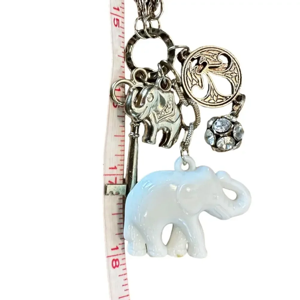 Elephant Key Fleur de Lis Rhinestone Gold Tone Alloy Statement Necklace